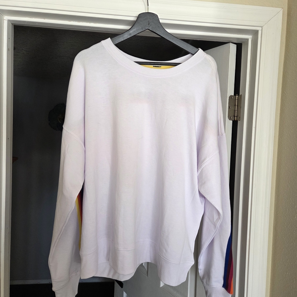 White Sweatshirt with Rainbow Stripes